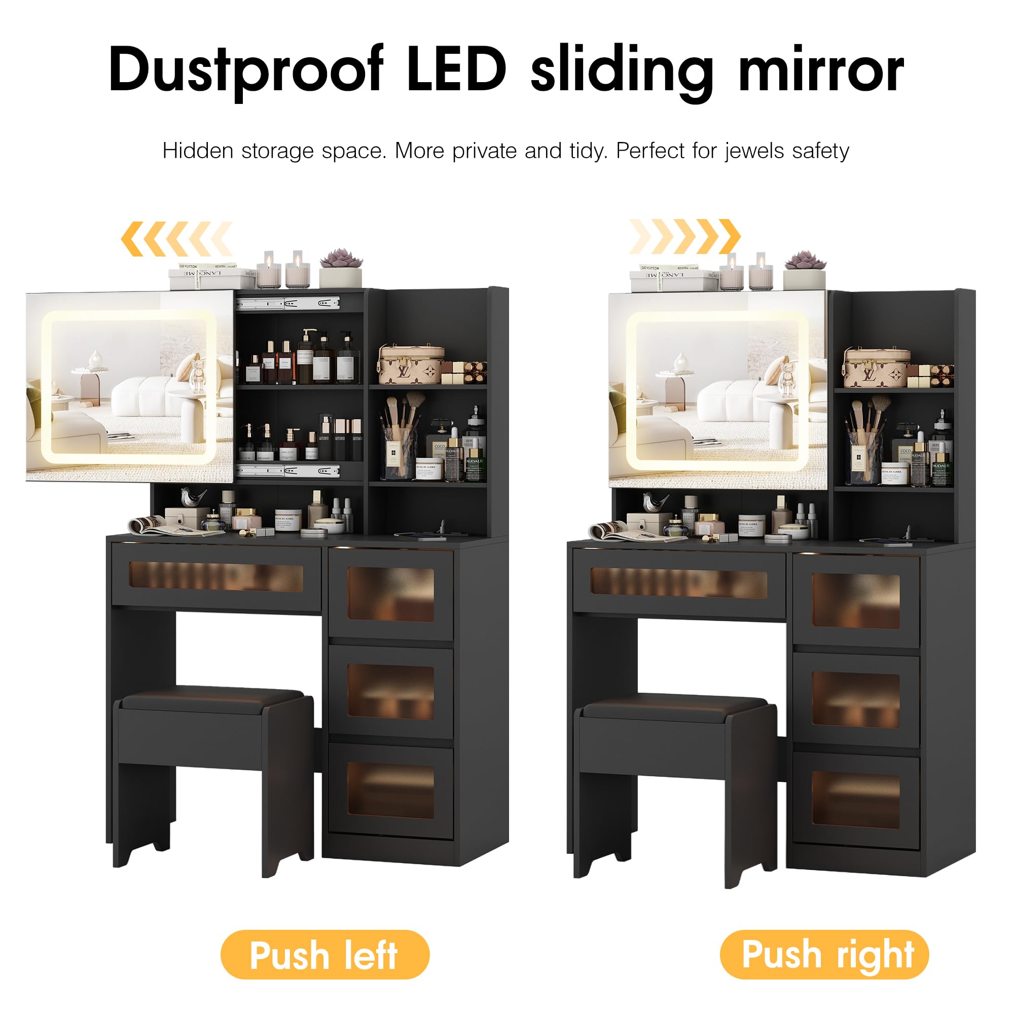 Makeup Vanity Desk with Sliding Mirror and Lights, 4 Drawers & Charging Station, LED Light, Vanity Table with Adjustable Brightness & 3 Colour Light Modes, Dresser Desk and Cushioned Stool Set, Black