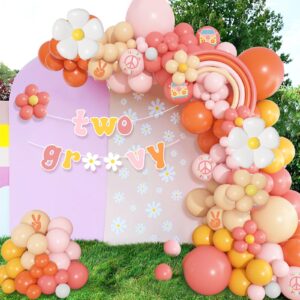 Ouddy Life 183Pcs Groovy Balloons Arch Garland Kit, Two Groovy Party Decorations Girl with Banner & Daisy Flowers Peace Victory Bus for Retro Hippie Groovy One Birthday Boho Baby Shower Favors