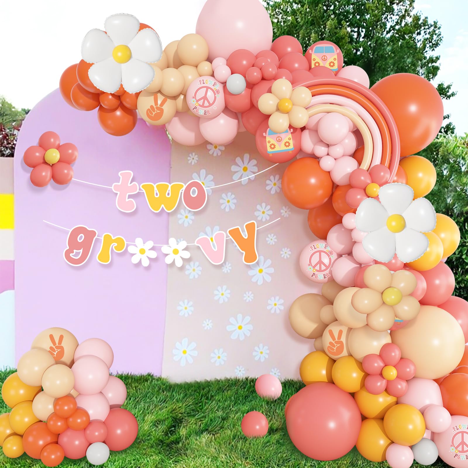 Ouddy Life 183Pcs Groovy Balloons Arch Garland Kit, Two Groovy Party Decorations Girl with Banner & Daisy Flowers Peace Victory Bus for Retro Hippie Groovy One Birthday Boho Baby Shower Favors