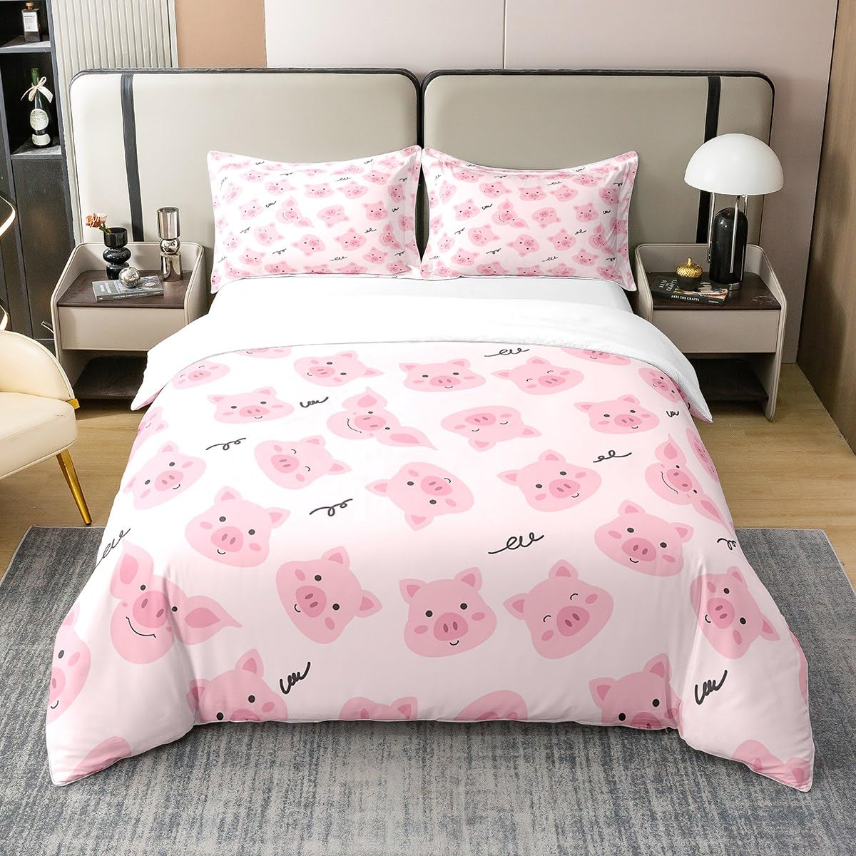 Pink Pig 100% Nature Cotton Bedding Set Twin Size Cute Pigs Duvet Cover with 1 Pillow Sham Kawaii Farm Animal Comforter Cover Set Decorative 2 Pcs