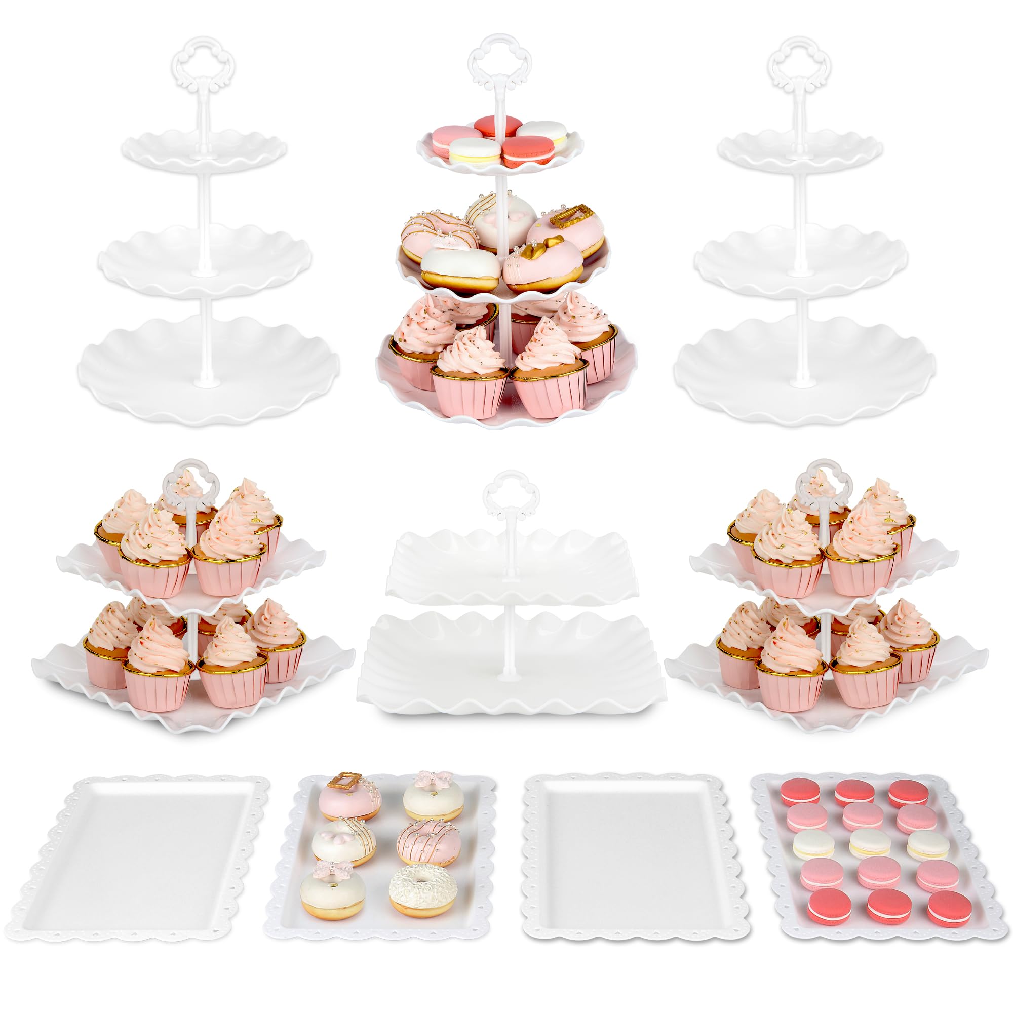 Pack of 10 NWK Cake Stand, Cupcake Stand, with 3 x Two-Tier Cupcake Stands, 3 x Three-Tier Cupcake Stands, 4 x Appetizer Trays, for Birthday Baby Bridal Shower Party (White)