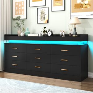 hlivelood 9 drawer dresser with led light and charging station, modern chest of drawers for closet, wide drawer organizer cabinet for bedroom, living room, entryway, hallway(9 drawer black)