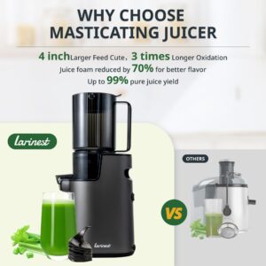 Larinest Slow Masticating Juicer Machines Cold Press Juicer Machines with 4" Wide Chute Pure Juicer Machine for Vegetables and Fruits,Reverse Function,NO BPA,JC01,Grey