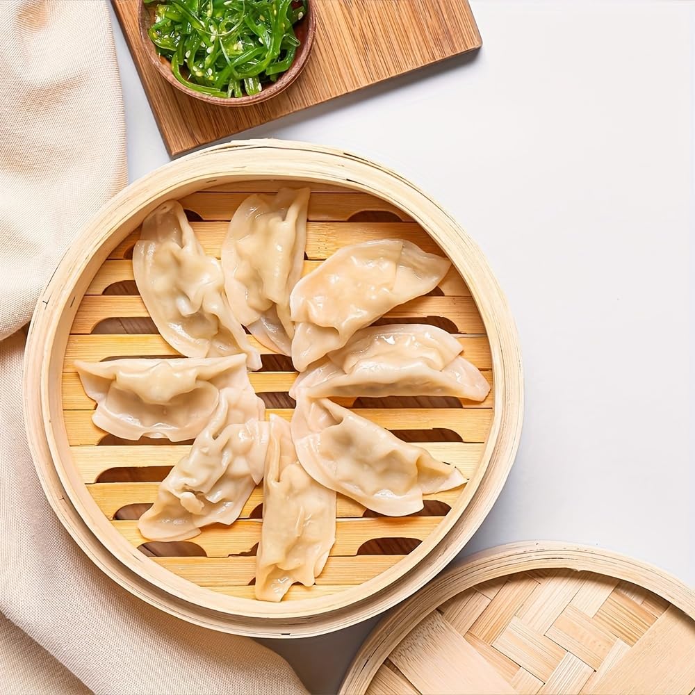 DEAUVIOR Bamboo Steamer Basket Traditional Dumpling Steamer Basket with Lid Durable Dim Sum Steamer for Cooking Vegetables Bao Buns Fish Meat (4"(Two Tier))