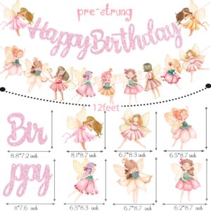 Fairy Birthday Party Banner Glitter Pink Fairies Birthday Party Decorations Fairy First Party Banners Fairy Birthday Cutout Banner for Fairy Garden Baby Shower Supplies