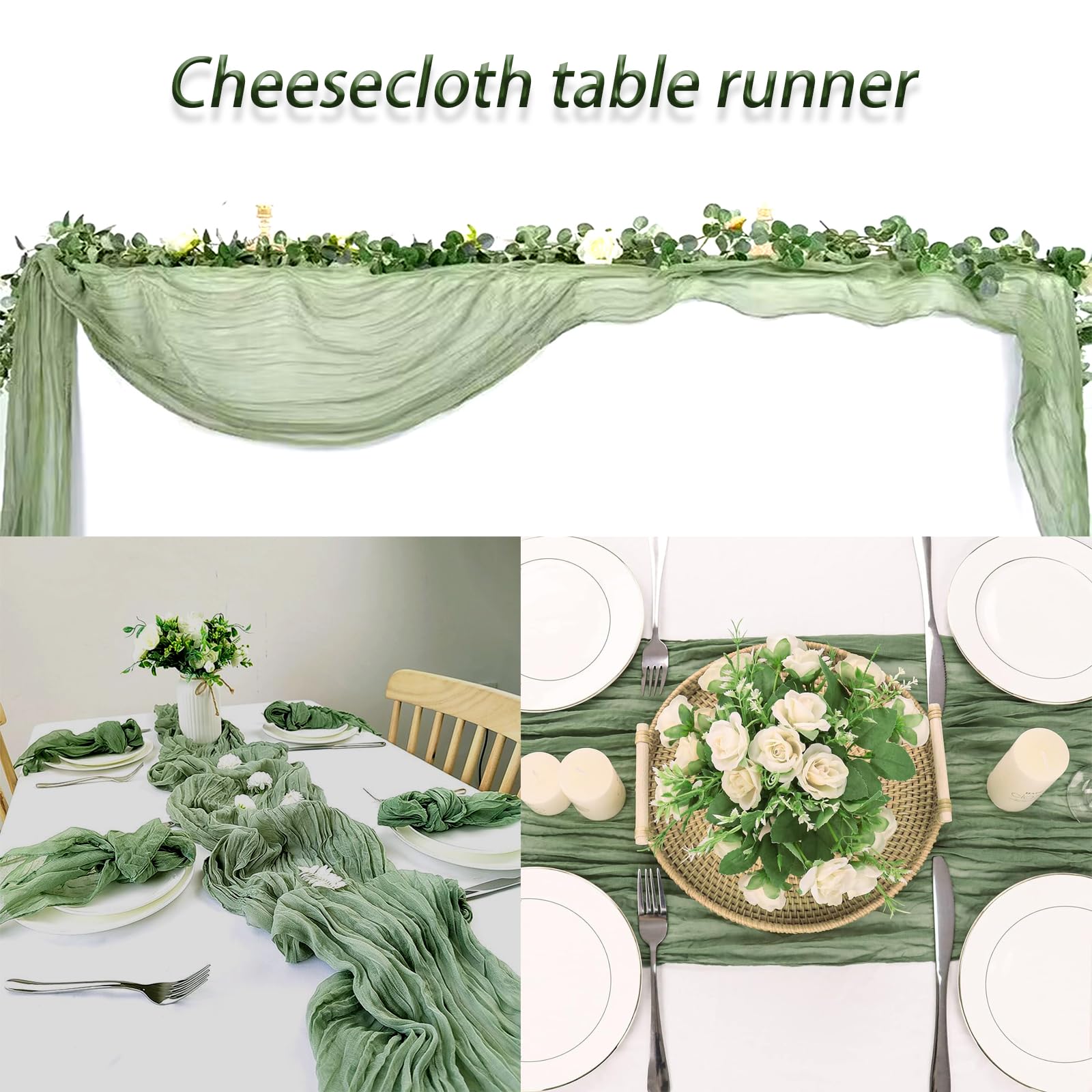 4 Pack Sage Green Cheesecloth Table Runner 20 x 120 inch Gauze Table Runners 10 FT Long,Semi Sheer Boho Cheese Cloth Fabric Table Runner Bulk for Wedding,Party,Baby Shower,Bridal Shower Decoration