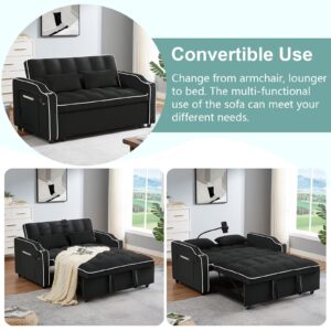 Lakifun Convertible Sleeper Sofa Bed, Modern Velvet Loveseat w/Pull Out Couch, 54.7" Loveseats Sofa w/Adjsutable Backrest, Cup Holders and USB Port, Swivel Phone Stand,Black