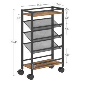 YATINEY 5 Tier Bookshelf, Metal Small Industrial Bookcase, Mobile Book Shelf Paper Cart with Wheels, Book Case Display Storage Shelf Organizer for Living Room, Home Office, Rustic Brown SJ01BR