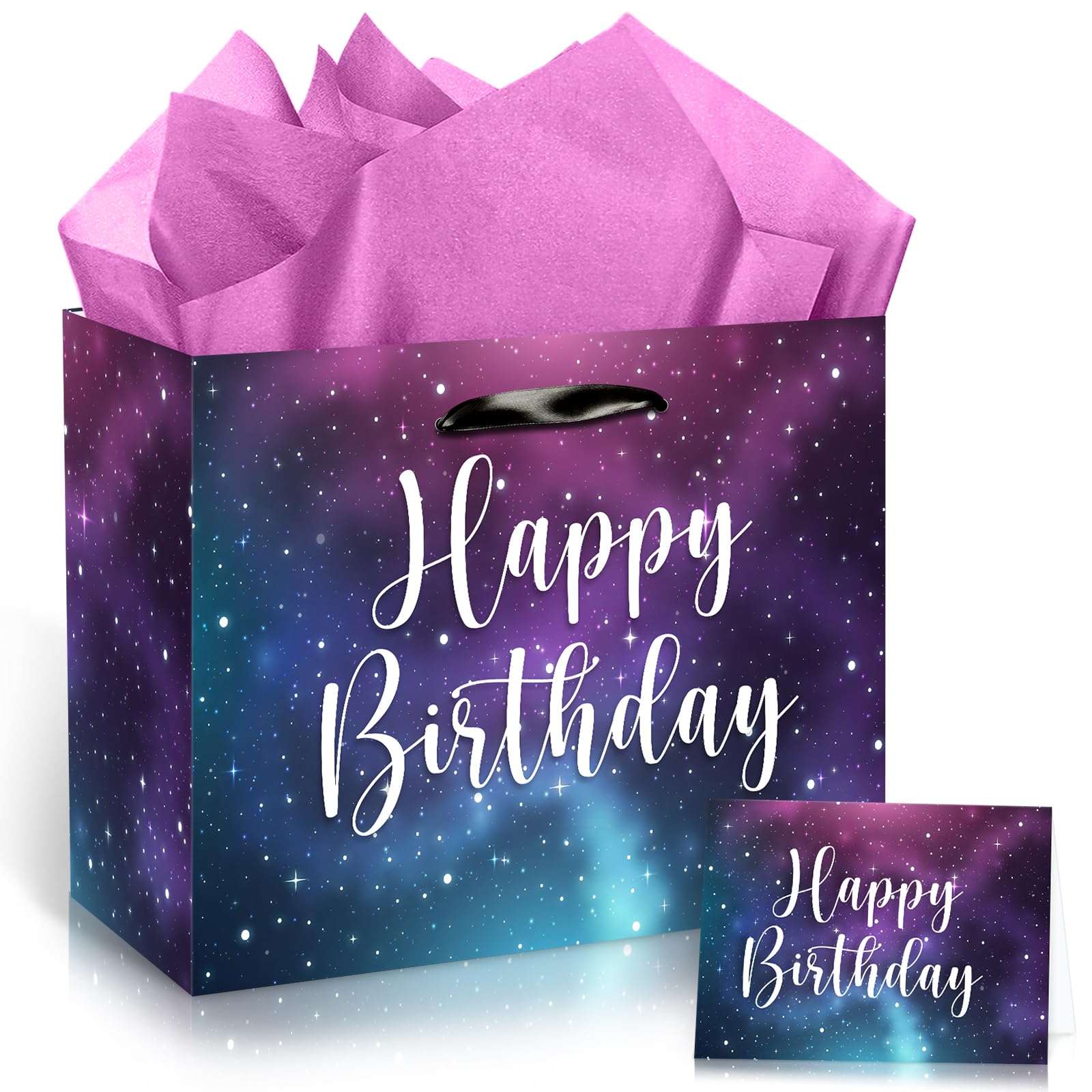 Space Galaxy Birthday Gift Bags, Large Purple Space Galaxy Happy Birthday Party Favor Bags with Greeting Card and Tissue Wrapping Paper for Men Women Kids Adults Anniversary Birthday Party Supplies