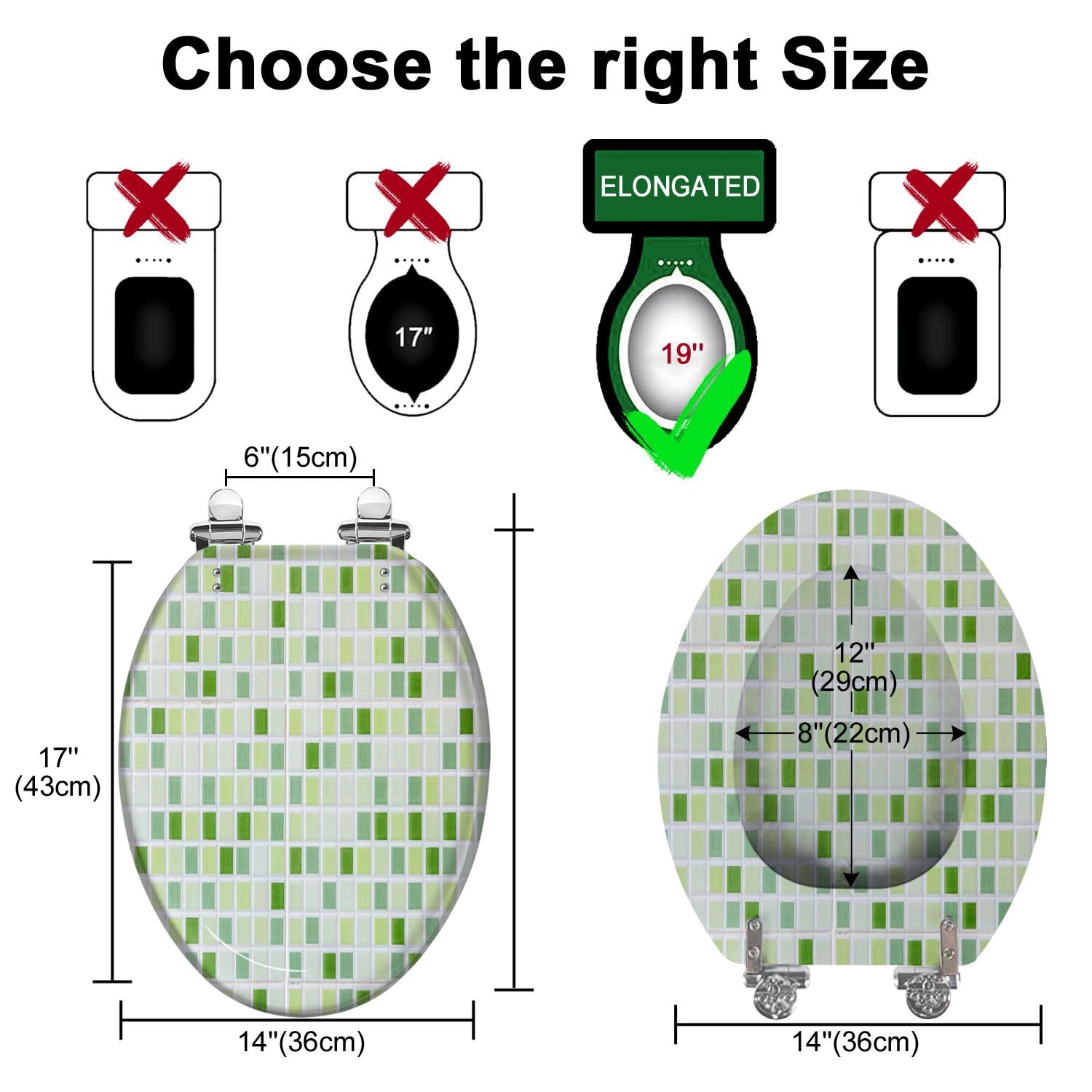 Resin Elongated Toilet Seat with Cover Quiet Close Quick Release Hinges green ceramic mosaic Decorative Toilet Seat Easy to Clean Install Home Decor