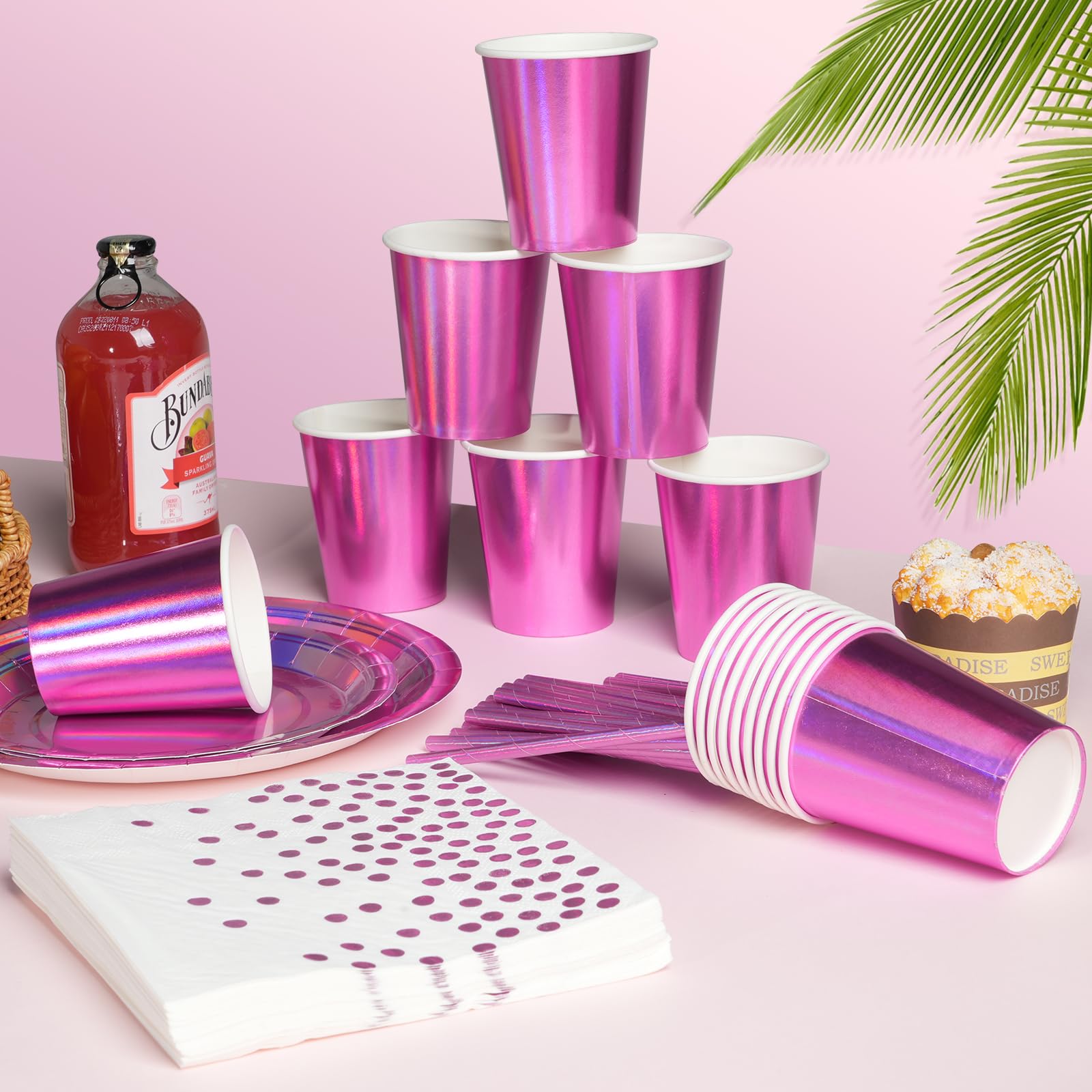 Iridescent Pink Party Supplies Decorations Serve 25, Hot Pink Holographic Paper Plates and Napkins Set, Disposable Pink Paper Plates Cups Knives Spoons Fork for Mermaid Disco Birthday Graduation Party