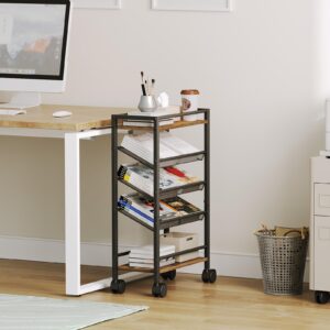 YATINEY 5 Tier Bookshelf, Metal Small Industrial Bookcase, Mobile Book Shelf Paper Cart with Wheels, Book Case Display Storage Shelf Organizer for Living Room, Home Office, Rustic Brown SJ01BR