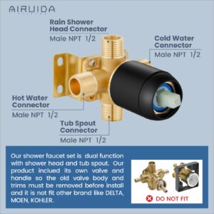 Airuida Shower Faucet Set with Tub Spout Bathtub Faucet Kit Complete Tub Shower Trim Kit with Solid Brass Rough-in Valve and 8 Inch Square Rainfall Showerhead Bent Shower Arm Matte Black