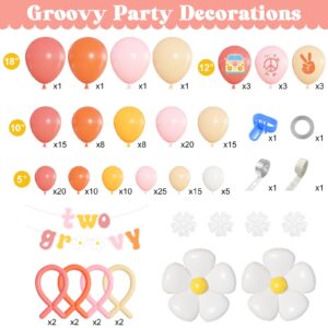 Ouddy Life 183Pcs Groovy Balloons Arch Garland Kit, Two Groovy Party Decorations Girl with Banner & Daisy Flowers Peace Victory Bus for Retro Hippie Groovy One Birthday Boho Baby Shower Favors