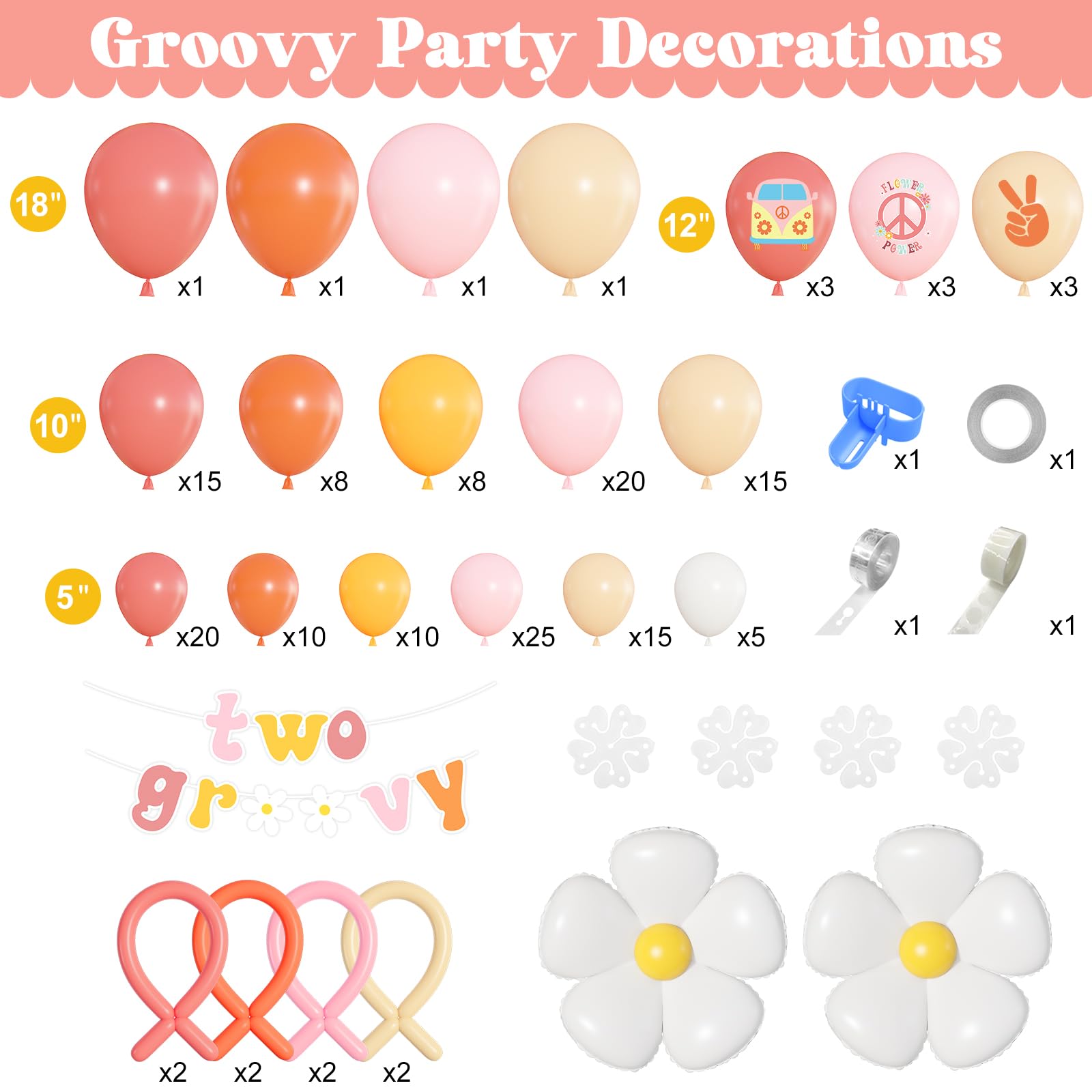 Ouddy Life 183Pcs Groovy Balloons Arch Garland Kit, Two Groovy Party Decorations Girl with Banner & Daisy Flowers Peace Victory Bus for Retro Hippie Groovy One Birthday Boho Baby Shower Favors