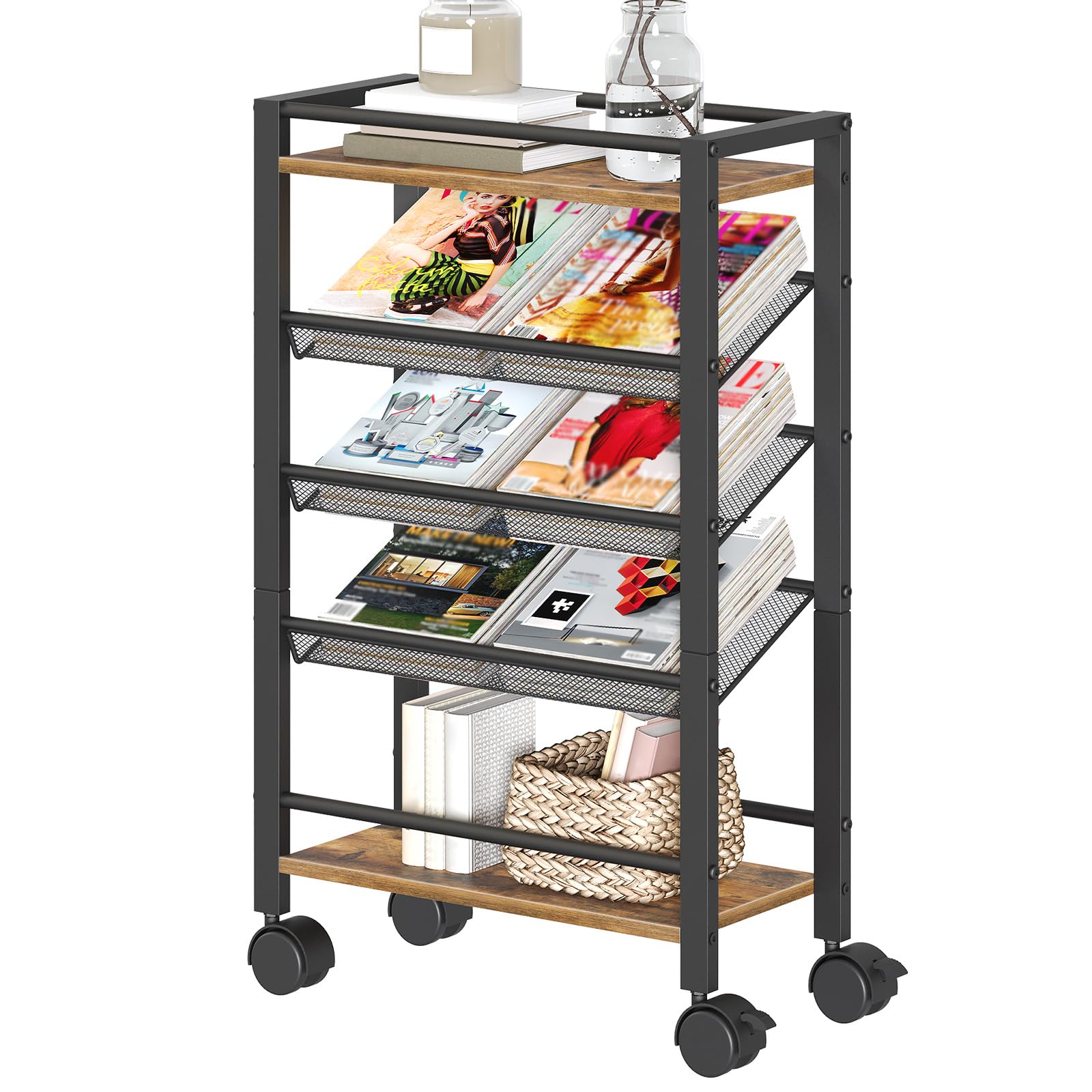 YATINEY 5 Tier Bookshelf, Metal Small Industrial Bookcase, Mobile Book Shelf Paper Cart with Wheels, Book Case Display Storage Shelf Organizer for Living Room, Home Office, Rustic Brown SJ01BR