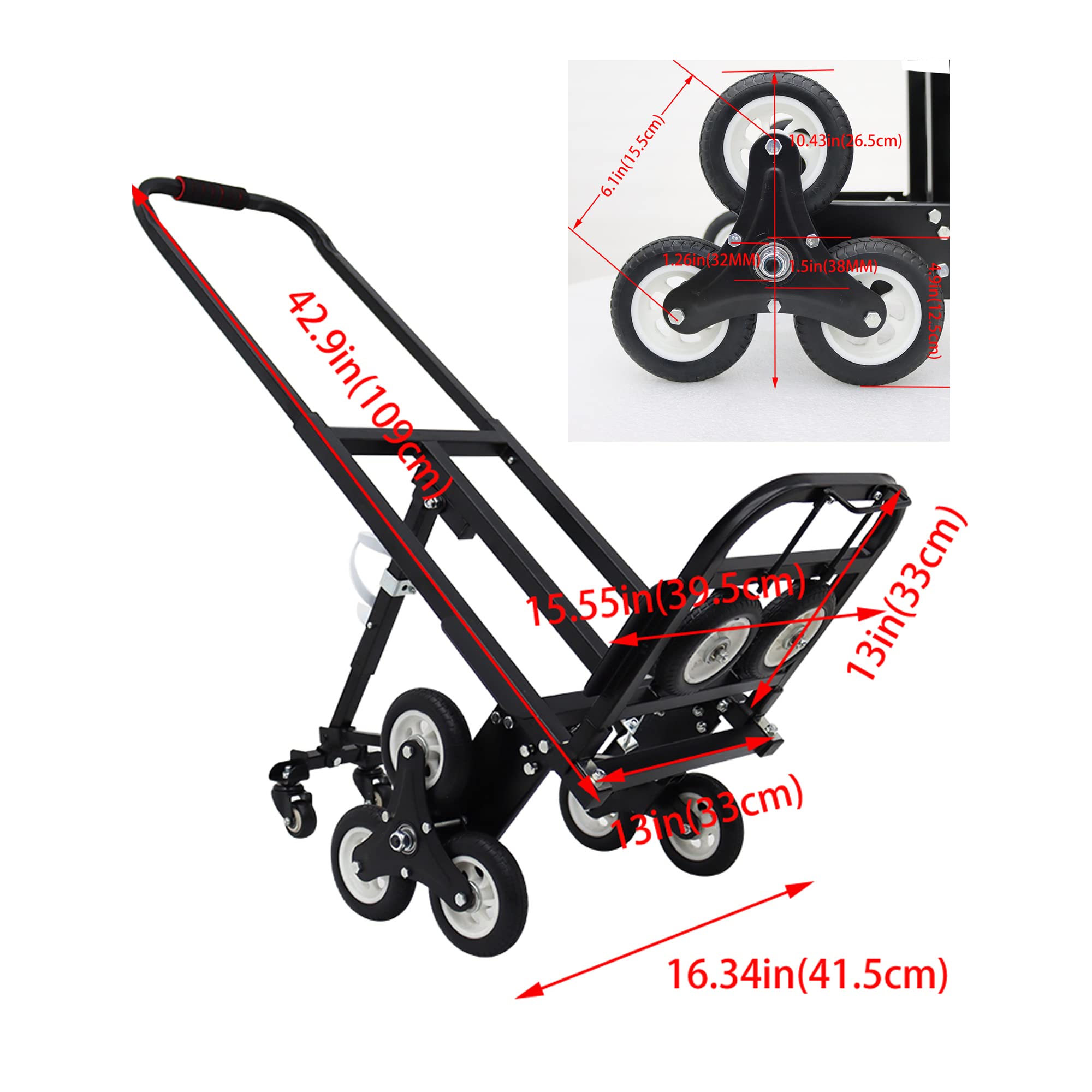 PreAsion Heavy Duty Stair Climber Hand Trucks Portable Folding Stair Climbing Dolly, 420 LBS Capacity Handcart Luggage Cart with 6 Wheels and 2 Backup Wheels Black-with 2 Casters