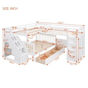 Merax L-Shaped Triple Bunk Bed with Desk & Stairs, Twin & Twin Over Full Bunk Bed for 3, Storage Drawers and Wardrobe Included, for Adults, Boys & Girls, White