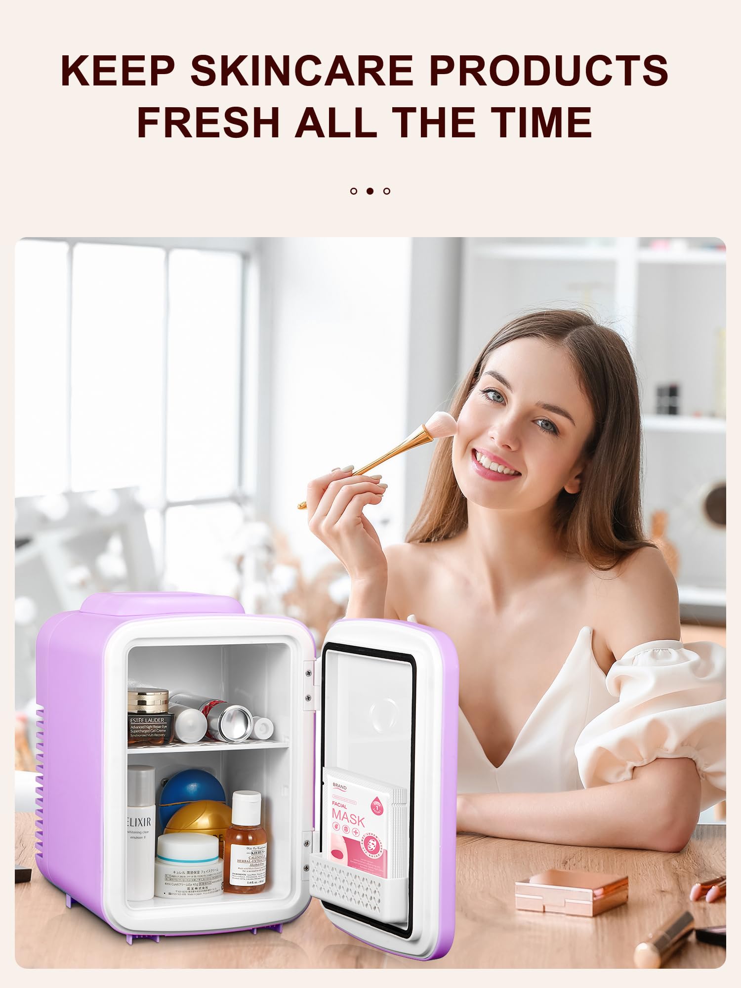 Mini Fridge, 3.7 Liter/6 Can Portable Cooler and Warmer Personal Refrigerator for Skin Care, Cosmetics, Beverage, Food,Great for Bedroom, Office, Car, Freon-Free (Purple)