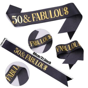 Black Gold 50 & Fabulous Sash & Rhinestone Tiara Set, 50th Birthday Gifts for Women, Birthday Sash/Tiara for Women's 50th Birthday Party Decoration (Black 50th)