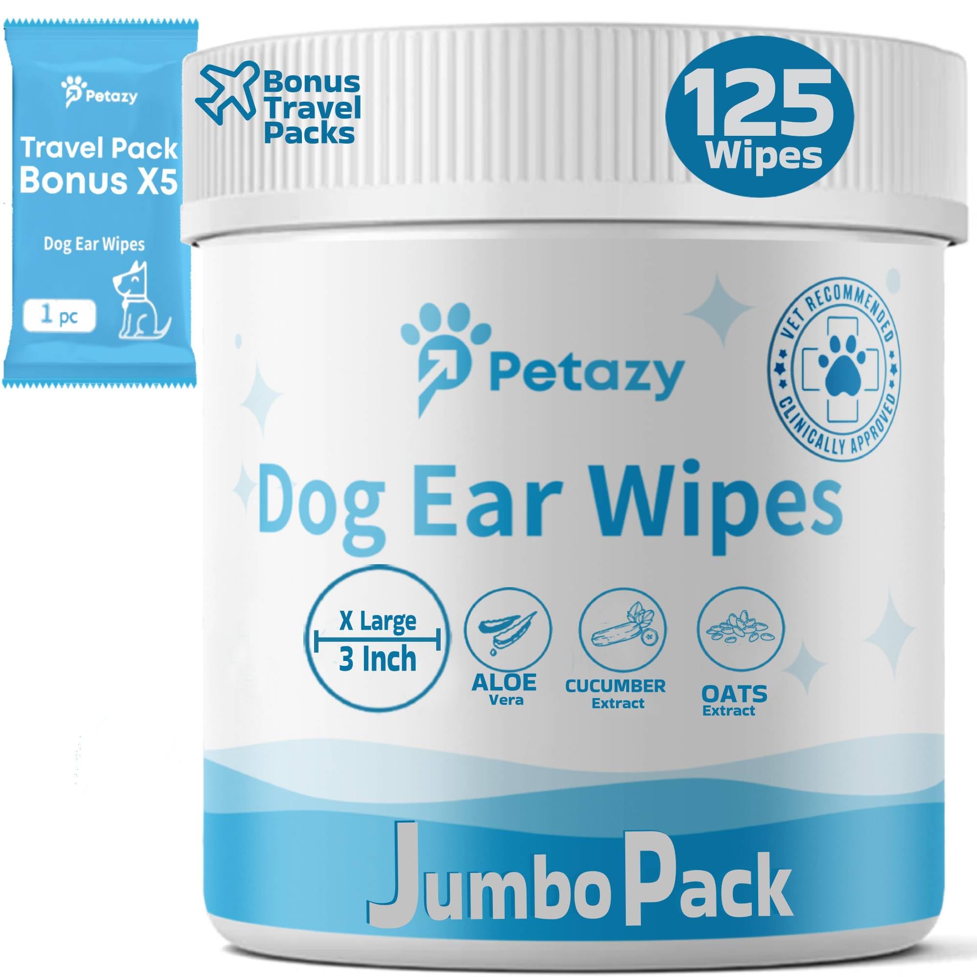 Petazy Dog Ear Wipes for Dog | Unscented Dog Ear Cleaner for Dogs | Remove Dirt Wax Itch Odor | Natural Cleaning Puppy Ear Wipes | Soothing Ear Wipes for Pets Cat | Organic Ingredients | 125 XL Pcs