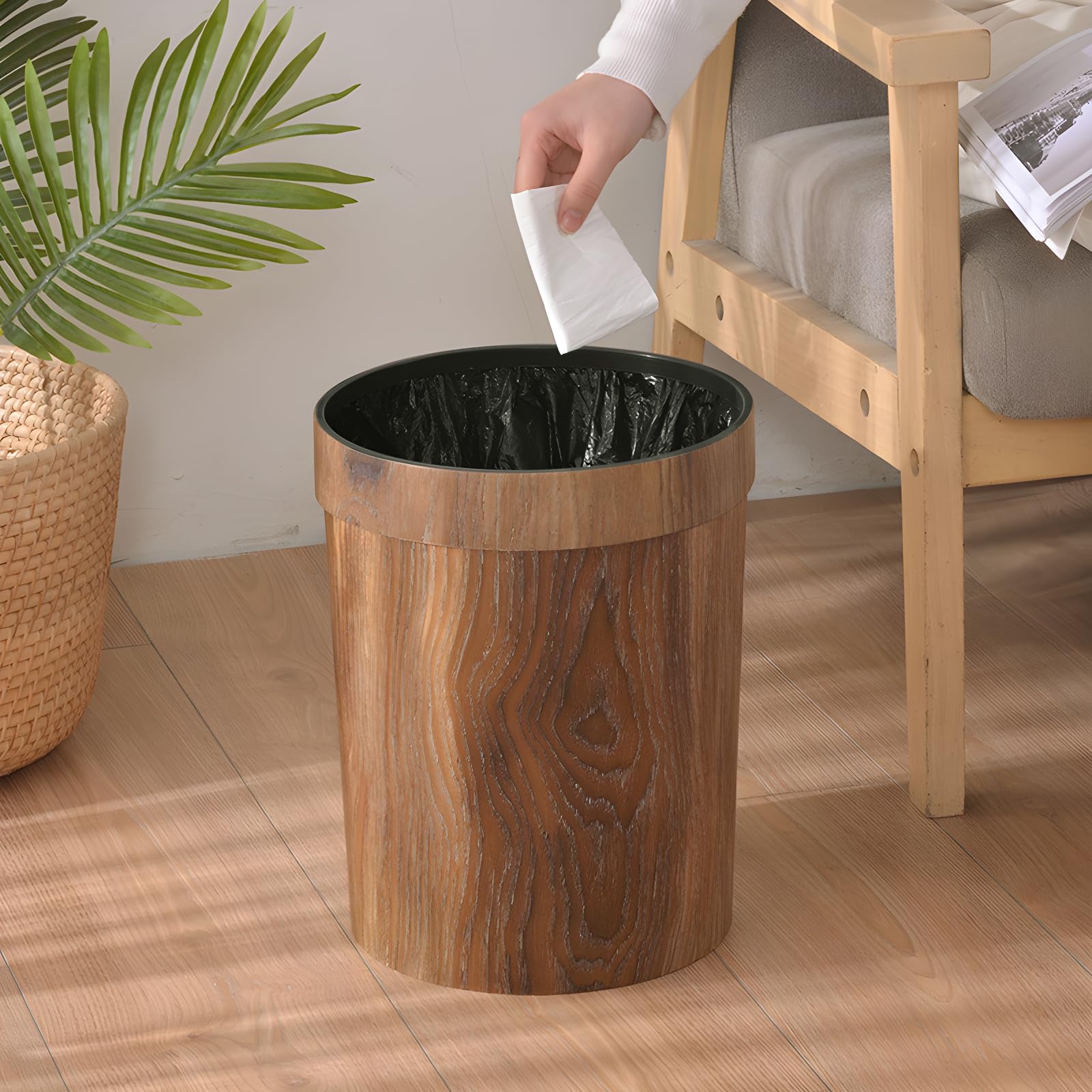 Wood Grain Plastic Trash Can Bedroom, Round 2-Pack, 3.4 Gal Farmhouse Wastebasket Bin Retro Style, Brown Trash Can for Room Aesthetic, Open Top Garbage Can for Office, Living Room, Hotel, Bathroom