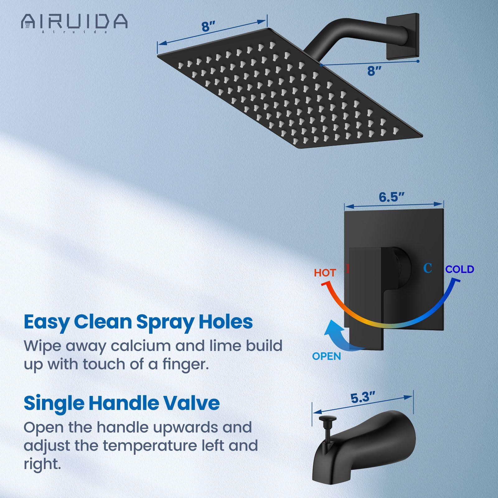 Airuida Shower Faucet Set with Tub Spout Bathtub Faucet Kit Complete Tub Shower Trim Kit with Solid Brass Rough-in Valve and 8 Inch Square Rainfall Showerhead Bent Shower Arm Matte Black