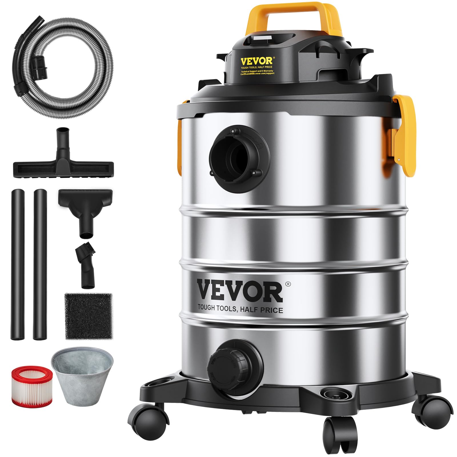 VEVOR Stainless Steel Wet Dry Shop Vacuum, 8 Gallon 6 Peak HP Wet/Dry Vac, Powerful Suction with Blower Function w/Attachment 2-in-1 Crevice Nozzle, Small Shop Vac Perfect for Carpet Debris, Pet Hair