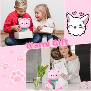 LSYDCARM Pink Cat Plush, 8Inch Cute Pink Cat Stuffed Animal with Tulips, Soft Cat Plushie Stuffed Cat Doll Birthday for Girls Mom, Kawaii Home Decor