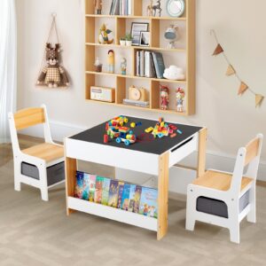 asweets kids table and chair set,4 in 1 toddler desk with storage drawer,wooden activity table for 2 in 1 detachable tabletop,bookshelve,suitable for classroom,home, nursery, playroom (natural white)