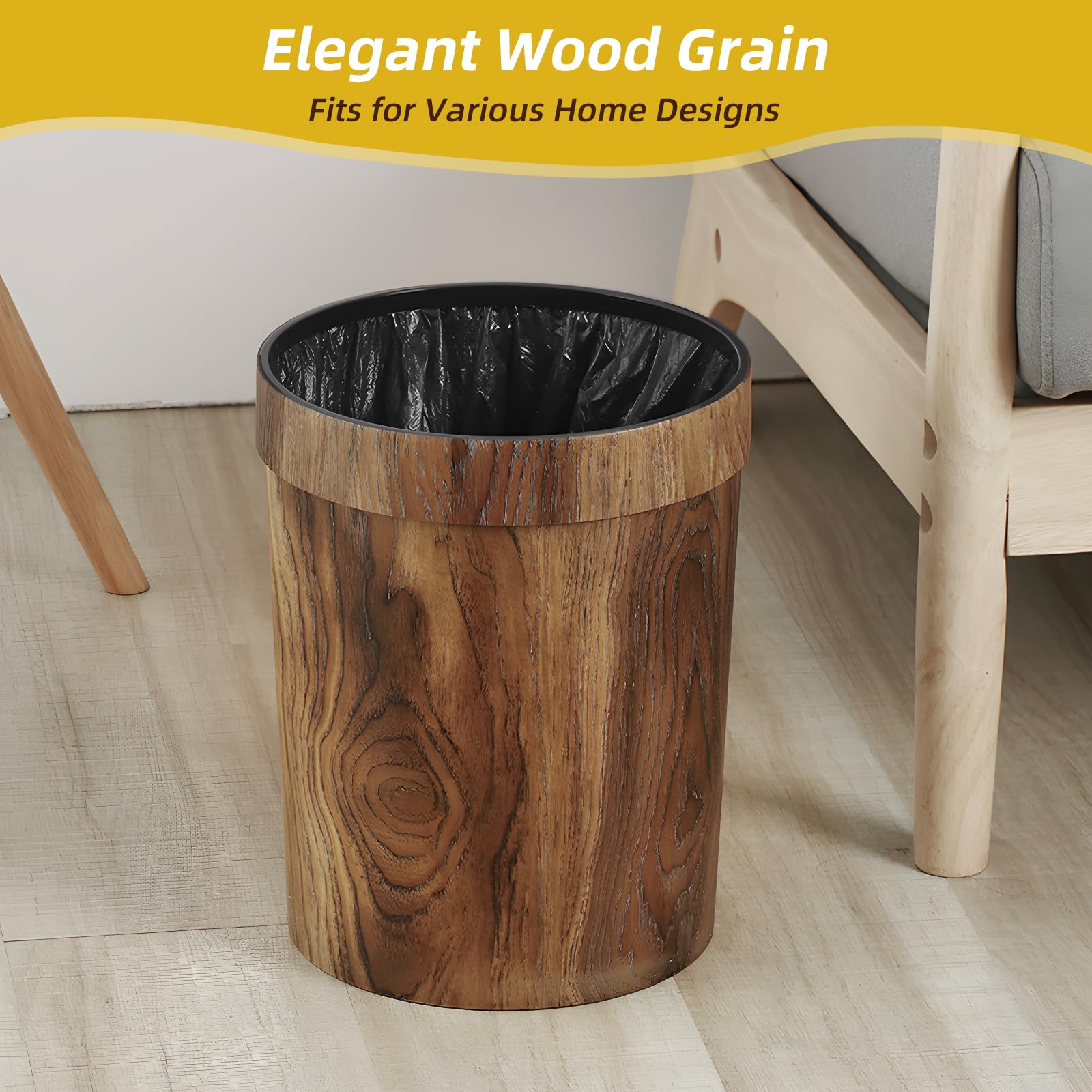 Wood Grain Plastic Trash Can Bedroom, Round 2-Pack, 3.4 Gal Farmhouse Wastebasket Bin Retro Style, Brown Trash Can for Room Aesthetic, Open Top Garbage Can for Office, Living Room, Hotel, Bathroom