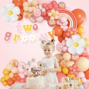 Ouddy Life 183Pcs Groovy Balloons Arch Garland Kit, Two Groovy Party Decorations Girl with Banner & Daisy Flowers Peace Victory Bus for Retro Hippie Groovy One Birthday Boho Baby Shower Favors