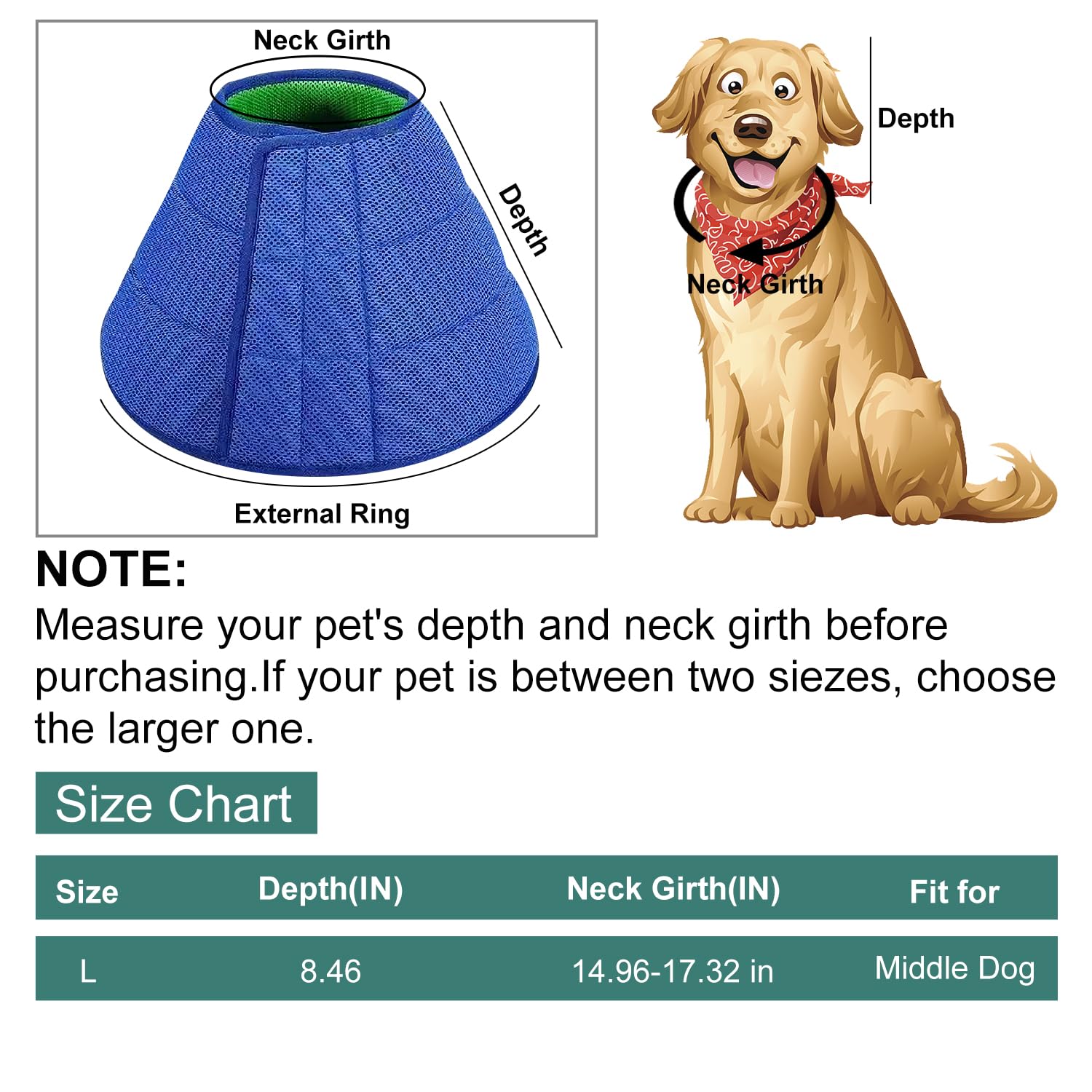 Dog Recovery Cone Collar After Surgery, Adjustable Soft Dog Cone Collar, Elizabethan Collar for Dogs Anti-Bite, Breathable Dog Cones for Dogs Anti-Lick Protective Wound(Neck:14.96-17.32")