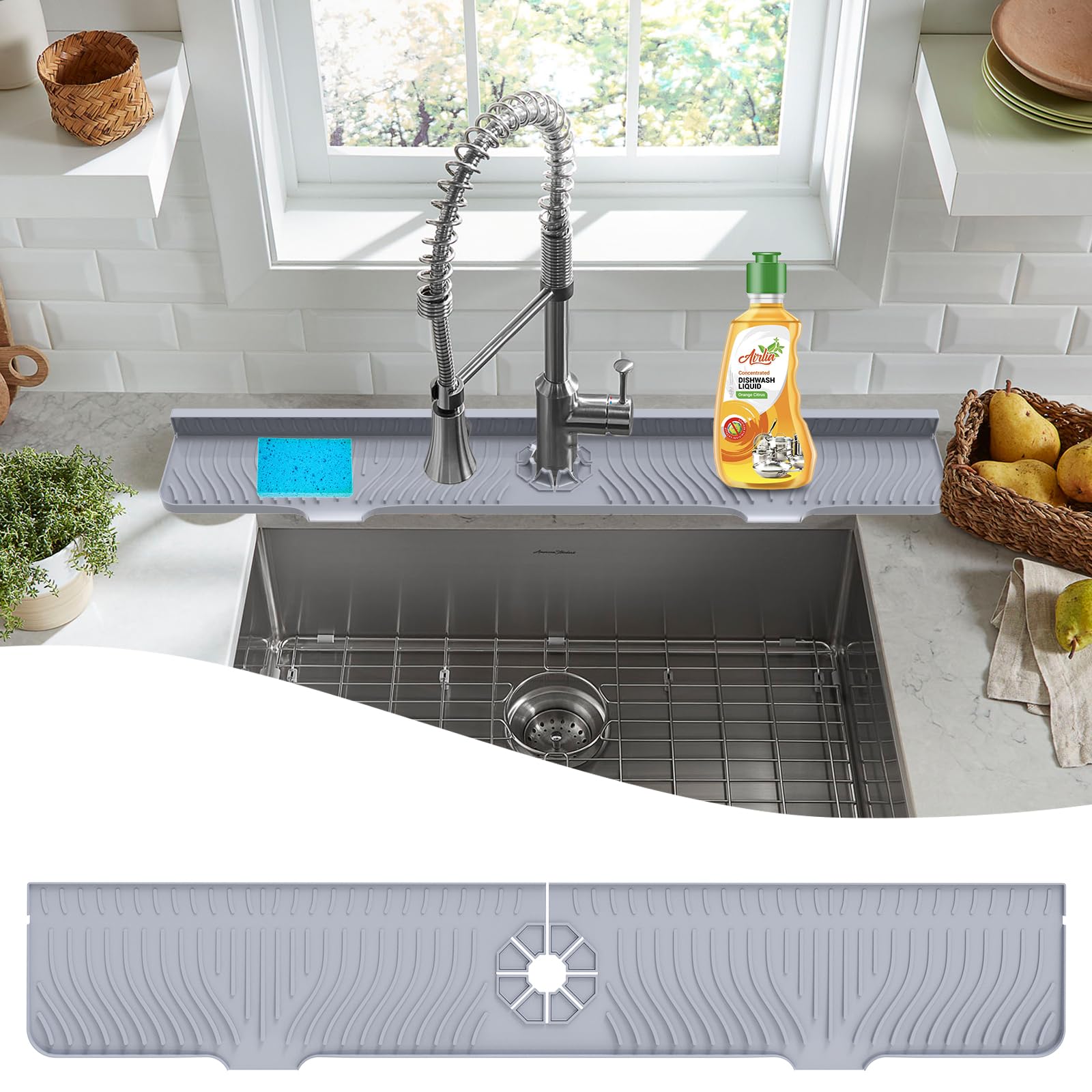 LVJING 33 inch Sink Splash Guard Mat, Sink Faucet Drying Mat, Silicone Faucet Handle Drip Catcher Tray, Longer Silicone Sink Mat for KitchenBathroom, Drip Protector Splash Countertop (Grey)