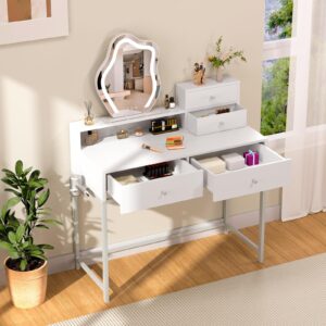 GreenForest White Vanity Desk with LED Lighted Mirror, 31 inch Makeup Vanity with 2 Drawers and Storage Shelves, Small Dressing Table for Women Girl Bedroom, Silver Grey