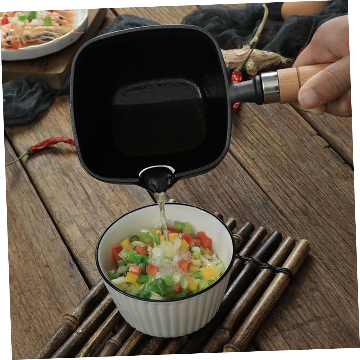 BRIGHTFUFU Square Small Iron Pot with High Heat Oil Mini Pancake Pan Induction Pans for Cooking Omlette Pan Milk Steaming Frying Pan Non Stick Pans Cooking Pans Nonstick Egg Hot Pot Wooden