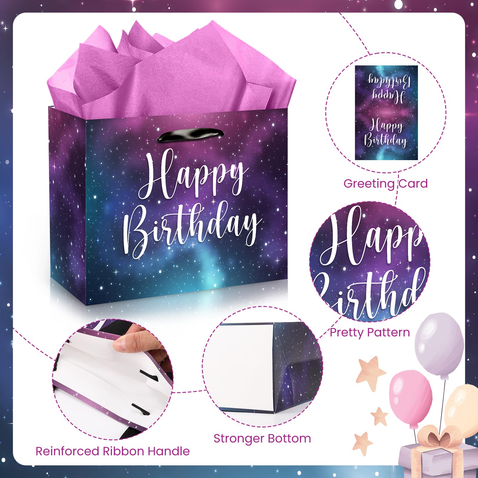 Space Galaxy Birthday Gift Bags, Large Purple Space Galaxy Happy Birthday Party Favor Bags with Greeting Card and Tissue Wrapping Paper for Men Women Kids Adults Anniversary Birthday Party Supplies