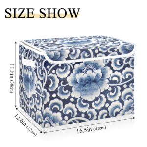 VIGTRO Blue and White Flower Storage Bins with Lids Foldable Storage Boxes with 2 Handles, Chinese Tradition Decorative Storage Basket Collapsible for Clothes Books