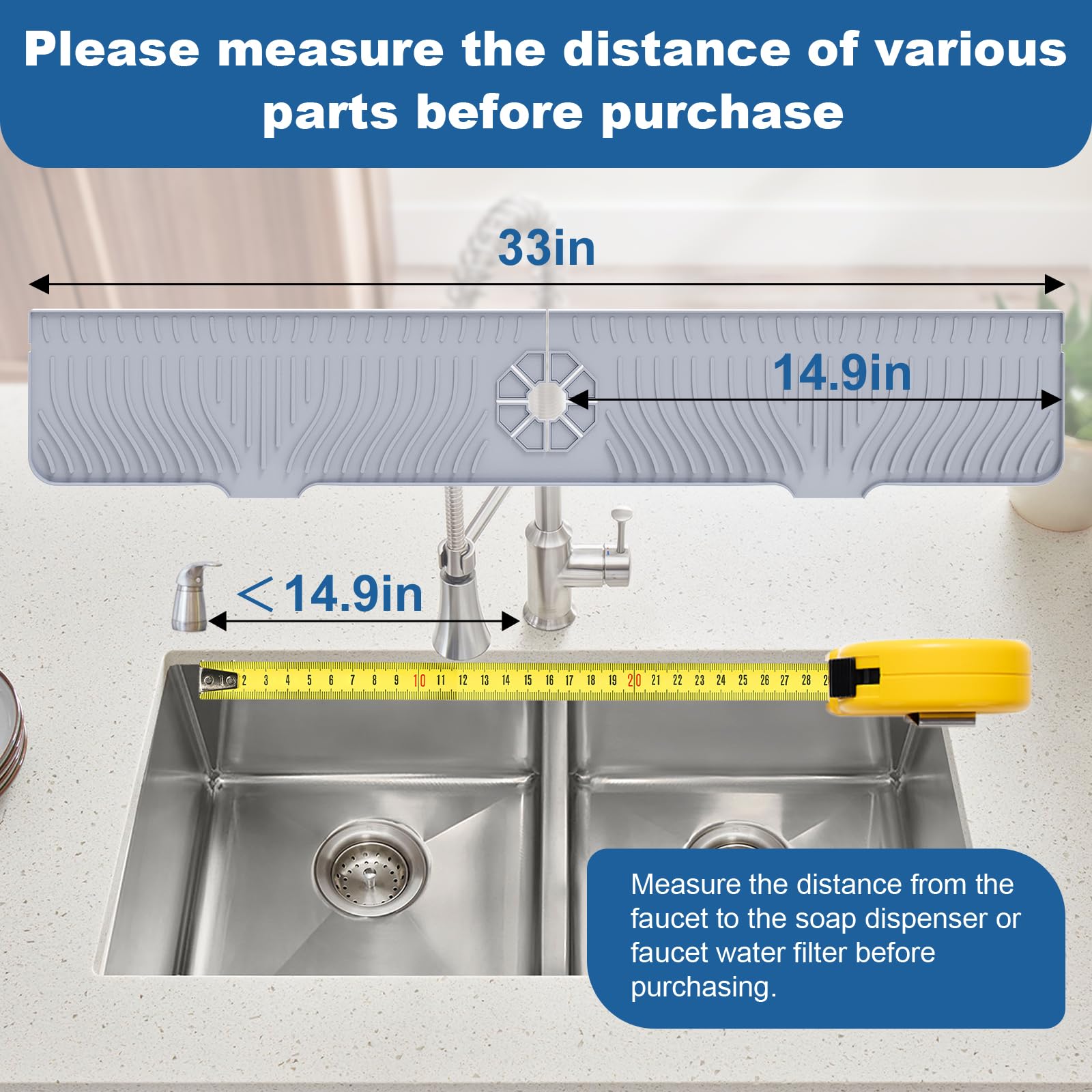 LVJING 33 inch Sink Splash Guard Mat, Sink Faucet Drying Mat, Silicone Faucet Handle Drip Catcher Tray, Longer Silicone Sink Mat for KitchenBathroom, Drip Protector Splash Countertop (Grey)