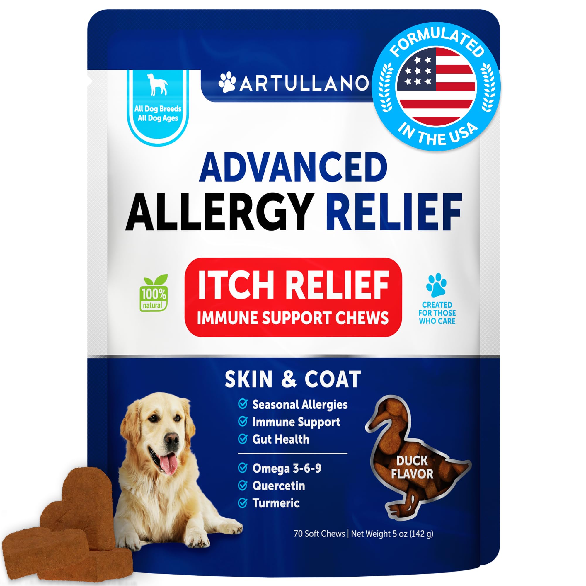 Artullano Dog Allergy Relief Chews - Dog Itching Skin Relief Treatment Pills - Itchy and Paw Licking - Anti-Itch Support - Immune Skin & Coat Supplement - Dry Skin and Hot Spots - 70 Treats