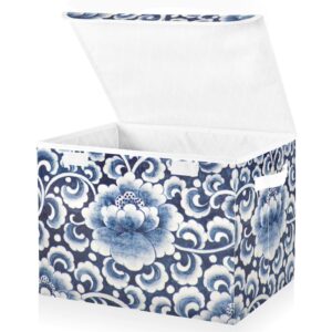 vigtro blue and white flower storage bins with lids foldable storage boxes with 2 handles, chinese tradition decorative storage basket collapsible for clothes books