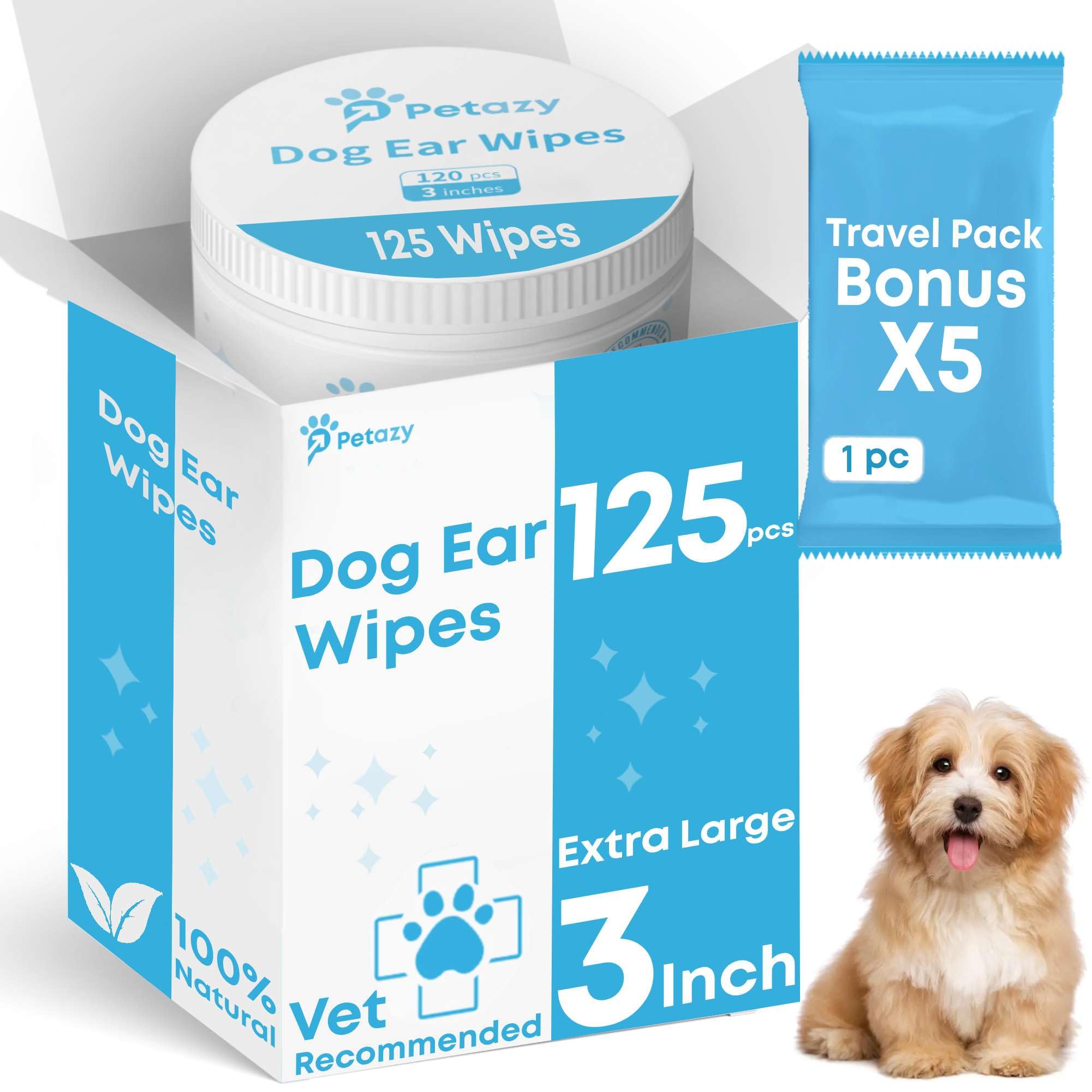 Petazy Dog Ear Wipes for Dog | Unscented Dog Ear Cleaner for Dogs | Remove Dirt Wax Itch Odor | Natural Cleaning Puppy Ear Wipes | Soothing Ear Wipes for Pets Cat | Organic Ingredients | 125 XL Pcs