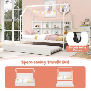 KOMFOTT Wood Twin House Bed with Trundle, Kids Playhouse Platform Bed Frame with Roof & 8 Storage Shelves, 2-in-1 Montessori Bed for Kids Boys Girls, No Box Spring Needed, White