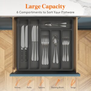 Lifewit Silverware Organizer with Lid, Covered Utensil Tray for Kitchen Drawer and Countertop, Plastic Cutlery and Flatware Storage Box for Spoons Forks Knives Holder Case, 6 Compartments, Black