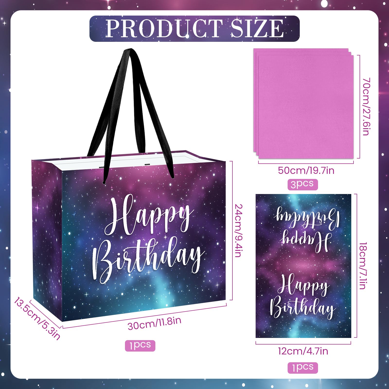 Space Galaxy Birthday Gift Bags, Large Purple Space Galaxy Happy Birthday Party Favor Bags with Greeting Card and Tissue Wrapping Paper for Men Women Kids Adults Anniversary Birthday Party Supplies