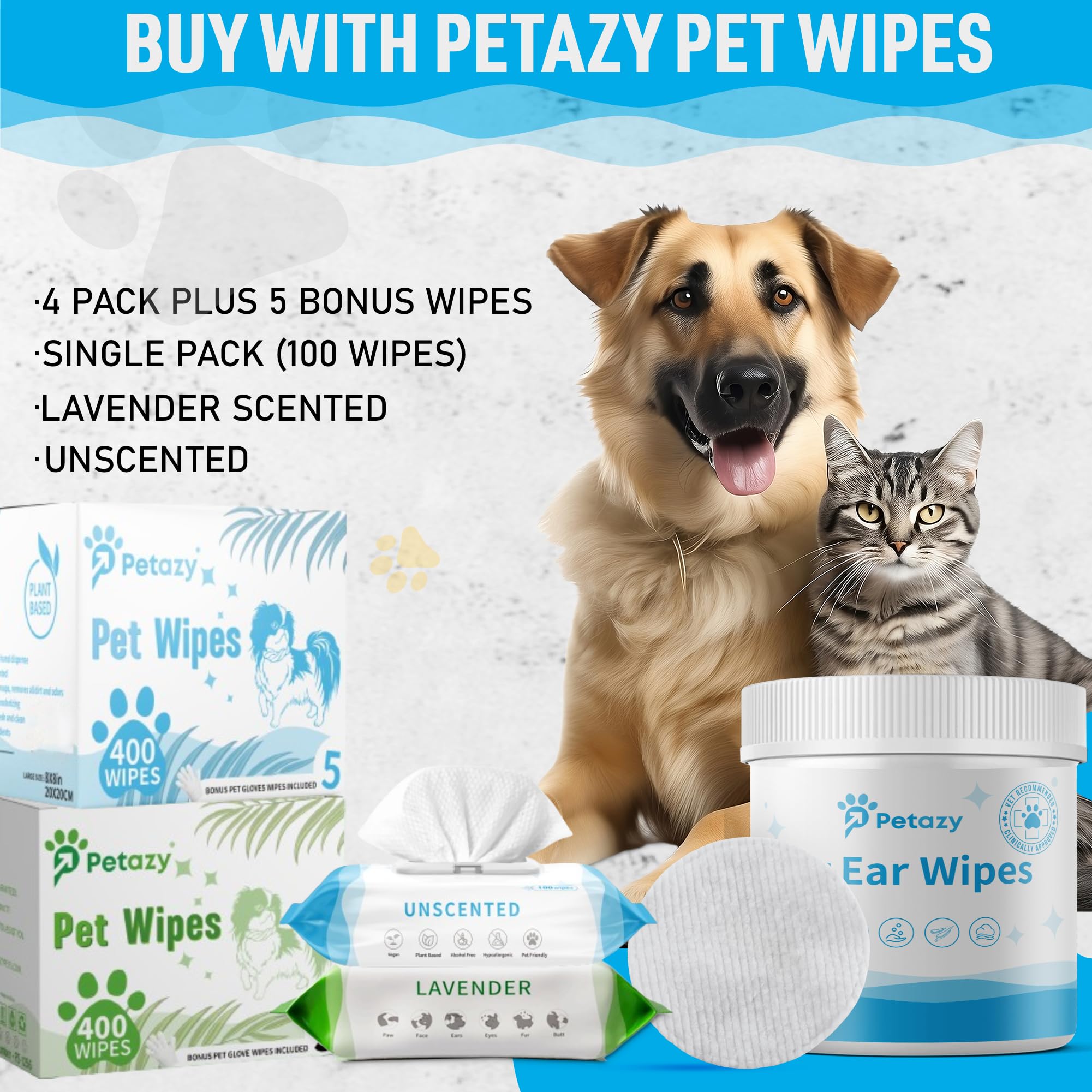 Petazy Dog Ear Wipes for Dog | Unscented Dog Ear Cleaner for Dogs | Remove Dirt Wax Itch Odor | Natural Cleaning Puppy Ear Wipes | Soothing Ear Wipes for Pets Cat | Organic Ingredients | 125 XL Pcs