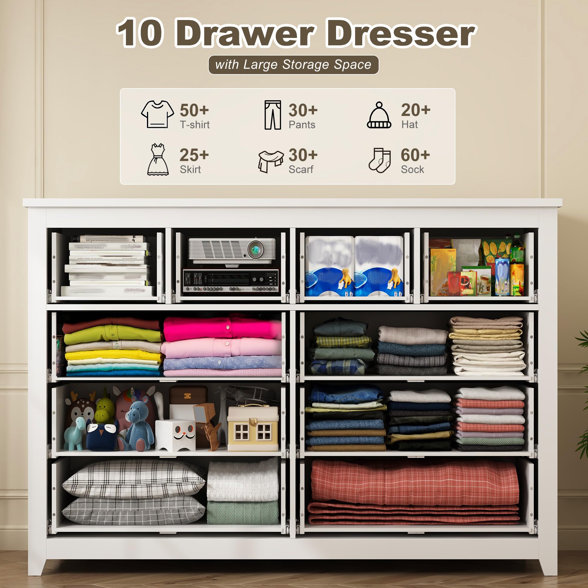 EnHomee White Dresser, Dresser for Bedroom with 10 Wood Drawers Dressers & Chests of Drawers with Smooth Metal Rail, Wide Storage Dressers Organizer for Hallway, Bedroom, 52.2W*15.8" D*35.8" H