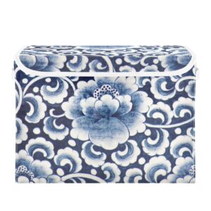 VIGTRO Blue and White Flower Storage Bins with Lids Foldable Storage Boxes with 2 Handles, Chinese Tradition Decorative Storage Basket Collapsible for Clothes Books