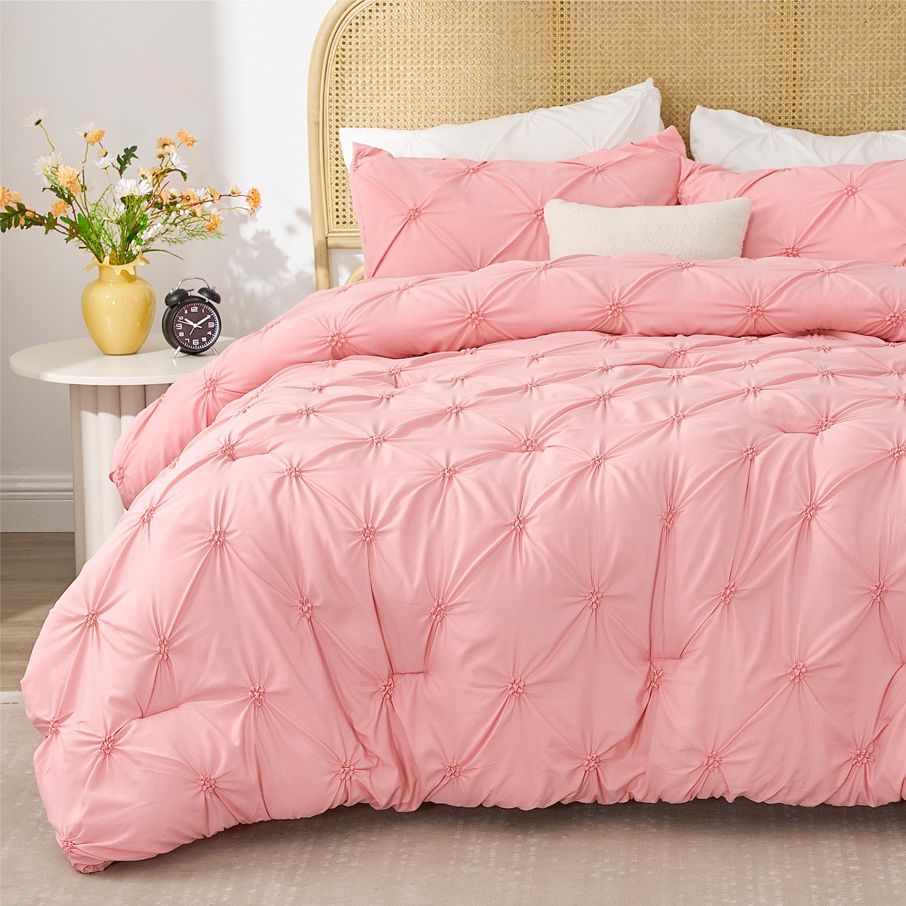 BEDELITE Pink Twin Comforter Set for Girls - 2 Peices Boho Pintuck Bedding Comforter Sets, Lightweight Soft & Warm Twin Bedding Sets with 1 Pillowcase for All Season