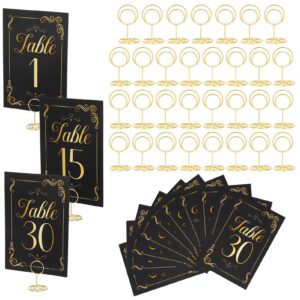 hoemwarm 31 sets table number cards with holders, gold black table numbers 1-30 and head table holder 2 inch wedding table numbers stand place card for restaurants party centerpieces